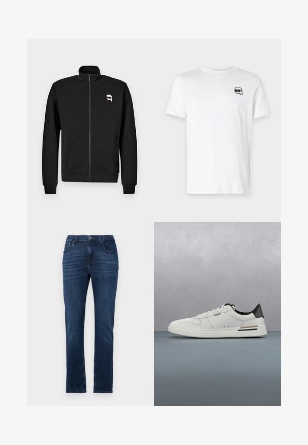 Schwarze Zip-up-Sweatjacke aus Baumwollmischung mit Stehkragen und gerippten Bündchen, mit einem kleinen Cartoon-Gesicht-Logo auf der linken Brust.; Weiße Baumwoll-T-Shirt mit einem kleinen schwarz-weißen Grafikdesign auf der linken Brustseite. Klassischer Rundhalsausschnitt und kurze Ärmel.; Dunkelblaue Jeans aus Denim mit geradem Bein, fünf Taschen und Knopfverschluss. Gleichmäßige Textur mit dezenten Ausbleichdetails.; Weißer Sneaker mit niedrigem Schnitt und schwarzer Ferse, Schnürverschluss, dezenten Perforationen und "BOSS"-Logo an der Seite, gezeigt von der äußeren Seitenansicht.