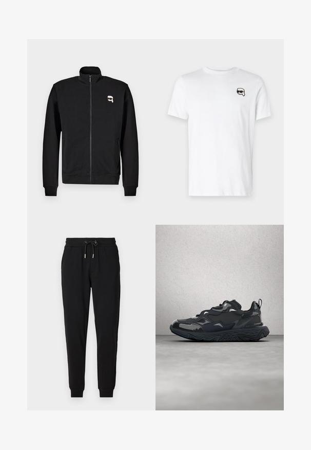 Sort zip-up sweatshirt lavet af en bomuldsblanding, med en stående krave og ribbede manchetter, samt et lille tegneserieansigt logo på venstre bryst.; Hvid bomulds-t-shirt med et lille sort og hvidt grafik på venstre brystområde. Klassisk rund hals og korte ærmer.; Sorte sweatpants med elastisk talje, justerbar snor, sidelommer og tapered ben. Fremstillet af blødt, strækbart stof.; Sort løbesko med tekstureret overdel, glatte detaljer og en chunky sål med bølgemønster, designet for komfort og holdbarhed.