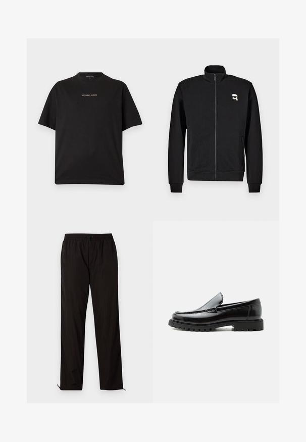 Zwarte ritsvest gemaakt van een katoenmix, met een opstaande kraag en ribboorden, en een klein cartoongezichtlogo op de linkerbovenkant van de borst.; Zwart T-shirt met korte mouwen en ronde hals met het "MICHAEL KORS"-logo gecentreerd in kleine gouden letters op de borst.; Zwarte lichtgewicht broeken met een elastische tailleband, treksluiting en met rits afsluitbare zoom voor een aanpasbare pasvorm. Glad, strak textuur.; Zwarte leren loafer met dikke rubberen zool, gestikte bovenkant en gegraveerde merknaam op de hiel, zijaanzicht op witte achtergrond.