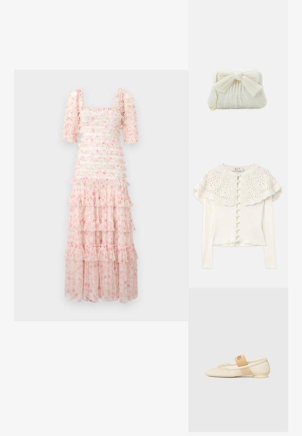 White long-sleeve cardigan with a crochet lace yoke, featuring decorative buttons along the front and a textured ribbed body.; Floral maxi dress with a square neckline, short puff sleeves, layered ruffles, and a light pink hue with scattered floral patterns. Transparent fabric.; Cream-colored flat shoe with a pointed toe, lace-up detail, and a decorative strap with logo on the side. Smooth texture, low heel.; White pleated clutch bag with a prominent bow detail and a gold chain strap. Soft texture with a gathered design on the front.