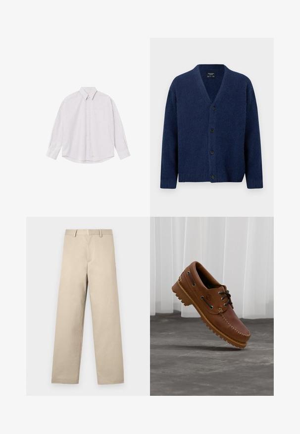 Cardigan en laine bleu marine avec col en V, manches longues, poignets et ourlet côtelés, et quatre boutons noirs sur le devant.; Chemise blanche à manches longues avec de fines rayures verticales grises et une poche poitrine sur fond uni.; Pantalon beige avec une coupe droite, taille plate, deux poches latérales et une fermeture éclair. Fabriqué en tissu coton doux.; Chaussure de bateau en cuir marron avec des lacets noirs, des coutures beiges et une semelle robuste, suspendue au-dessus d'un sol en béton gris.