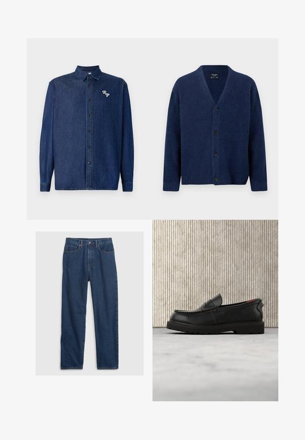 Cárdigan de lana azul marino con escote en V, mangas largas, puños y dobladillo acanalados, y cuatro botones negros en la parte delantera.; Camisa de denim azul oscuro con cierre de botones en la parte delantera, mangas largas y cuello puntiagudo. Presenta un logo "RP" bordado en blanco.; Jeans de mezclilla en azul oscuro con corte recto, presentan un diseño de cinco bolsillos, botón superior y acentos de remaches de cobre.; Mocasín de cuero negro con suela resistente y forro interior rojo, posicionado en el aire sobre una alfombra beige y cerca de un mueble de madera.