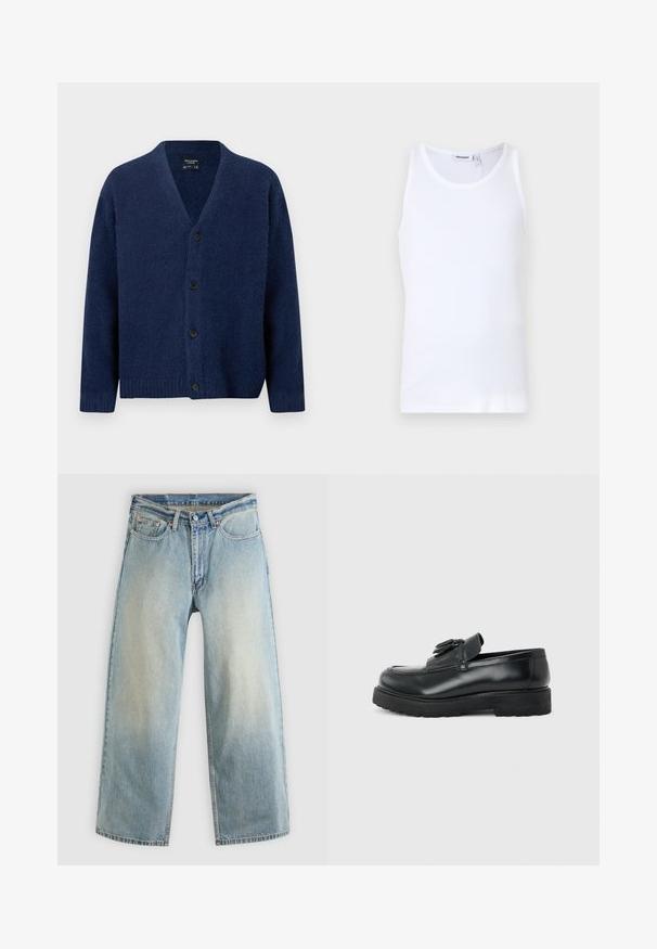 Cardigan en laine bleu marine avec col en V, manches longues, poignets et ourlet côtelés, et quatre boutons noirs sur le devant.; Débardeur en coton blanc avec un col rond et des bretelles larges. Texture lisse, sans motifs, design épuré et étiquette de marque au niveau du col.; Jean denim bleu clair à jambes larges avec une finition délavée. Comprend un design standard à cinq poches et une fermeture à bouton métallique.; Mocassin en cuir noir avec pampilles, semelle épaisse en caoutchouc et talon bas, présenté de profil sur un fond uni.