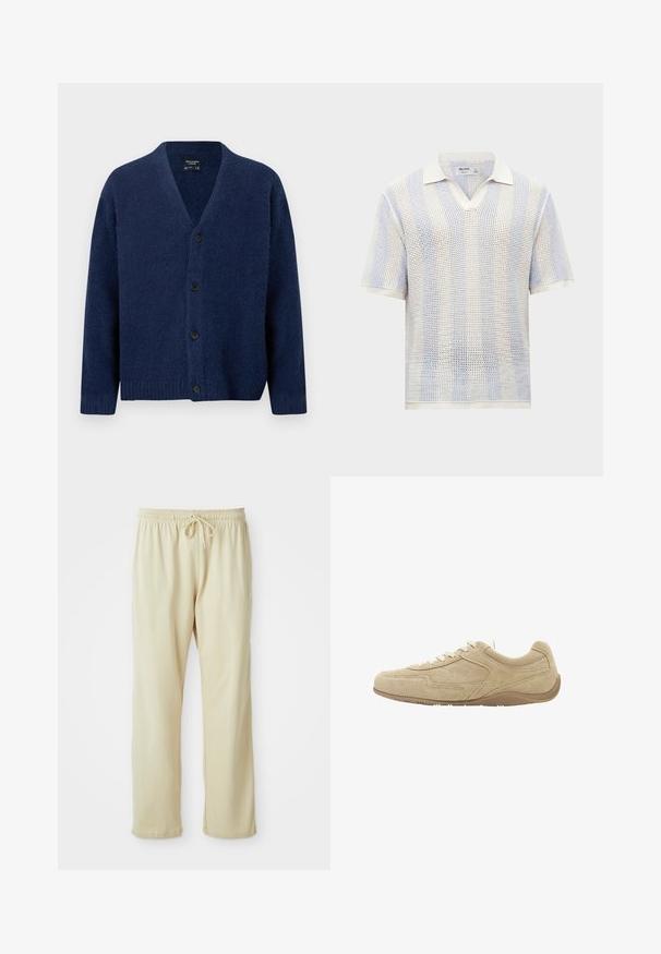 Marineblauwe wollen cardigan met V-hals, lange mouwen, geribbelde manchetten en zoom, en vier zwarte knopen aan de voorkant.; Wit gebreid herenpoloshirt met korte mouwen, open kraag en textuur gaaspatroon, merk Hollister, maat medium.; Lichtbeige sweatpants met een trekkoord in de taille, taps toelopende pijpen en een zachte textuur. Heeft een subtiel merkje op het onderbeen.; Beige suède casual sneaker met witte veters en een lichtbruine rubberen zool, gezien in zijprofiel.