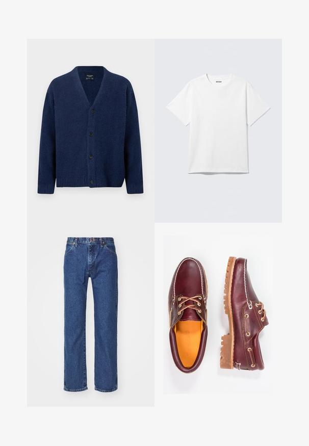 Marineblå uldcardigan med V-hals, lange ærmer, ribstrikkede manchetter og kant samt fire sorte knapper foran.; Hvid kortærmet crewneck T-shirt lagt fladt ud, ensfarvet design, med "WEEKDAY" mærkat inde i kraven på en lys baggrund.; Straight-leg blå denim jeans med frontknap, lynlås, bæltestropper og fem-lomme design på en ensfarvet hvid baggrund.; Bordeaux lædersko med brune gummisåler, rund tå, hvid syning og gyldne snøringer. Indersiden har et gult for.