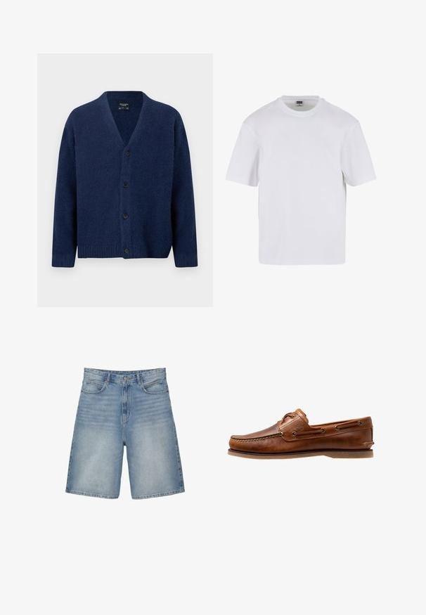 Marineblauer Wollstrickcardigan mit V-Ausschnitt, langen Ärmeln, gerippten Bündchen und Saum sowie vier schwarzen Knöpfen vorne.; Weißes T-Shirt mit kurzen Ärmeln aus Baumwolle. Besitzt einen Rundhalsausschnitt und eine lockere Passform. Glatte Textur, minimalistisches Design, ohne Muster oder Akzente.; Hellblaue Denim-Shorts mit geradem Schnitt verfügen über fünf Taschen, einen Reißverschluss und eine leicht ausgewaschene Textur.; Braune Lederbootsschuhe mit gesteppten Akzenten, metallischen Ösen, einer erhöhten Naht an der Zehe und einer flachen Gummisohle.