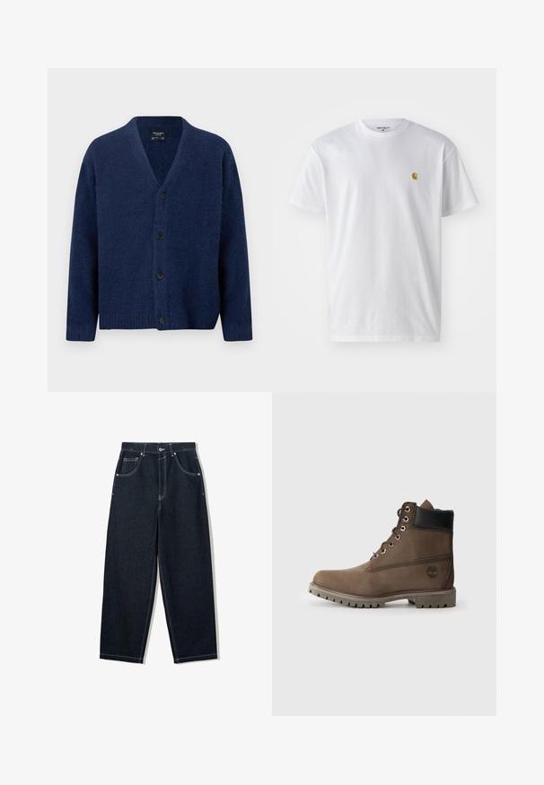 Marineblå uldcardigan med V-hals, lange ærmer, ribstrikkede manchetter og kant samt fire sorte knapper foran.; Hvid bomulds t-shirt med korte ærmer, rund hals og et lille guld logo på venstre brystområde. Blød tekstur og almindelig pasform.; Mørke indigo straight-leg jeans med hvide kontrastsømme, fem-lomme-design og metalknaplukning ved taljen.; Brune læder ankelstøvle med sort krave, metaløjer og slidstærk grå sål. Har logo på siden og syet detaljer.