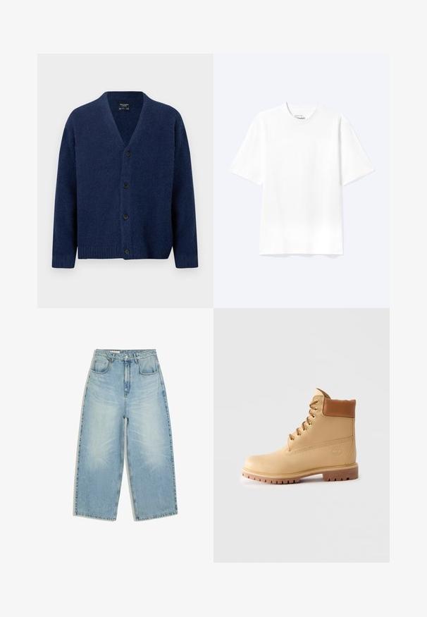 Marineblauer Wollstrickcardigan mit V-Ausschnitt, langen Ärmeln, gerippten Bündchen und Saum sowie vier schwarzen Knöpfen vorne.; Schlichtes weißes T-Shirt mit kurzen Ärmeln und Rundhalsausschnitt in entspannter Passform, auf hellem Hintergrund dargestellt.; Hellblaue Jeans mit hoher Taille, weitem Bein, vorderen Taschen, Gürtelschlaufen und Knopf- mit Reißverschluss.; Hellbraune Leder-Ankle-Boots mit gepolstertem Kragen, goldenen Ösen, braunen Schnürsenkeln und dicker Profilsohle auf hellem, einfarbigem Hintergrund.