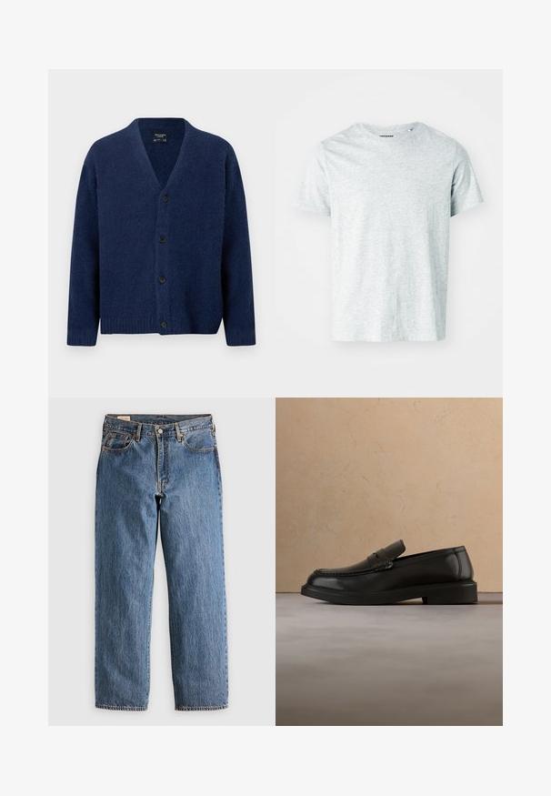 Cárdigan de lana azul marino con escote en V, mangas largas, puños y dobladillo acanalados, y cuatro botones negros en la parte delantera.; Camiseta de manga corta gris claro, confeccionada en una tela suave, con cuello redondo y un corte ligeramente relajado. Sin patrones ni gráficos visibles.; Jeans de mezclilla azul con un corte recto, que cuentan con una cintura alta, remaches de cobre y costuras naranjas. Incluyen bolsillos delanteros y traseros.; Zapato mocasín de cuero negro flotando sobre una alfombra beige tejida, con una mesa redonda de madera y un sofá al fondo.