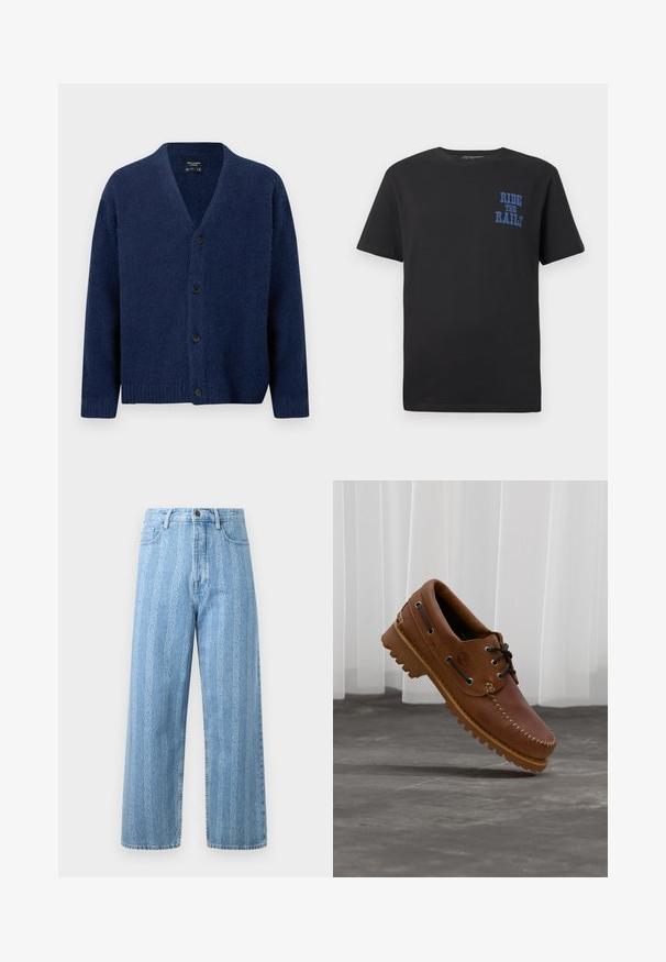 Cardigan en laine bleu marine avec col en V, manches longues, poignets et ourlet côtelés, et quatre boutons noirs sur le devant.; T-shirt en coton noir à manches courtes avec le texte bleu "RIDE THE RAILS" sur la partie gauche de la poitrine. Col rond et coupe standard.; Jean en denim bleu clair avec une coupe large, arborant un motif chaîne répétitif. Style classique à cinq poches avec détails en métal sur le bouton.; Chaussure de bateau en cuir marron avec des lacets noirs, des coutures beiges et une semelle robuste, suspendue au-dessus d'un sol en béton gris.