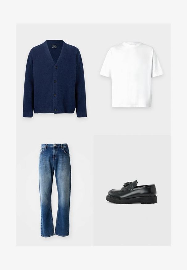 Marineblauer Wollstrickcardigan mit V-Ausschnitt, langen Ärmeln, gerippten Bündchen und Saum sowie vier schwarzen Knöpfen vorne.; Weißes Kurzarm-T-Shirt aus weicher Baumwolle, mit Rundhalsausschnitt und lockerem Sitz, ohne Muster oder Grafiken. Glatte Textur.; Denimjeans mit geradem Schnitt, hellblauer und dunkelblauer Waschung mit Verblassungen, fünf Taschen und einem Knopfverschluss.; Schwarzer Leder-Slipper mit Quasten, dicke Gummisohle und niedrigem Absatz, im Seitenprofil vor einem einfarbigen Hintergrund gezeigt.