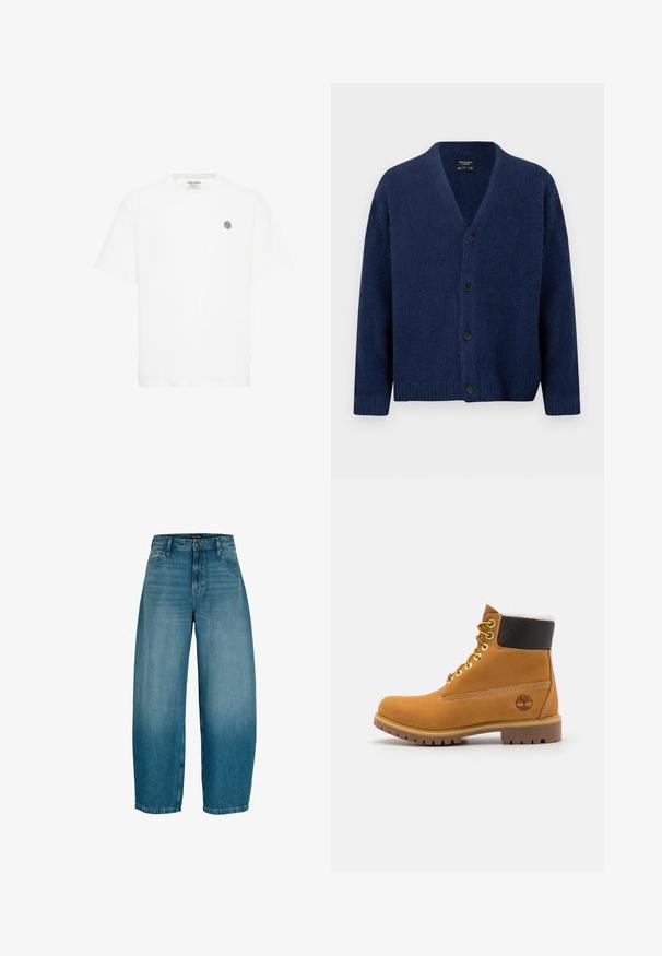 Marineblauwe wollen cardigan met V-hals, lange mouwen, geribbelde manchetten en zoom, en vier zwarte knopen aan de voorkant.; Witte t-shirt met korte mouwen, voorzien van een ronde halslijn en een klein grijs geometrisch logo op de linkerborst. Gemaakt van zacht katoen.; Blauwe denim wijde broekspijpen spijkerbroek met knopen en ritssluiting aan de voorkant, riemlussen en zijzakken, met lichte vervaging op de dijen.; Bruine leren enkellaars met metalen oogjes, witte faux bont voering, zwarte gewatteerde kraag, robuuste zool en een reliëflogo aan de zijkant.