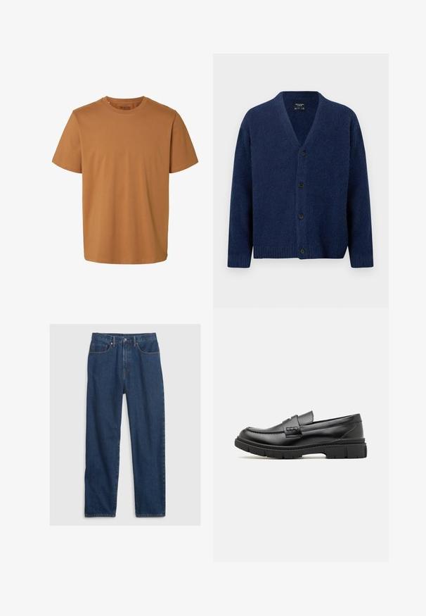 Marineblå uldcardigan med V-hals, lange ærmer, ribstrikkede manchetter og kant samt fire sorte knapper foran.; Enkelt brun kortærmet bomulds-T-shirt med rund hals og almindelig pasform, mærket "Selected Homme" inde i kraven.; Mørkeblå denim jeans med lige pasform, med fem lomme-design, topknap og kobbernitter.; Sort læder loafersko med en bred rem over forfoden, gummisål med tykke mønstre og glat overflade. Klassisk, slankt design.