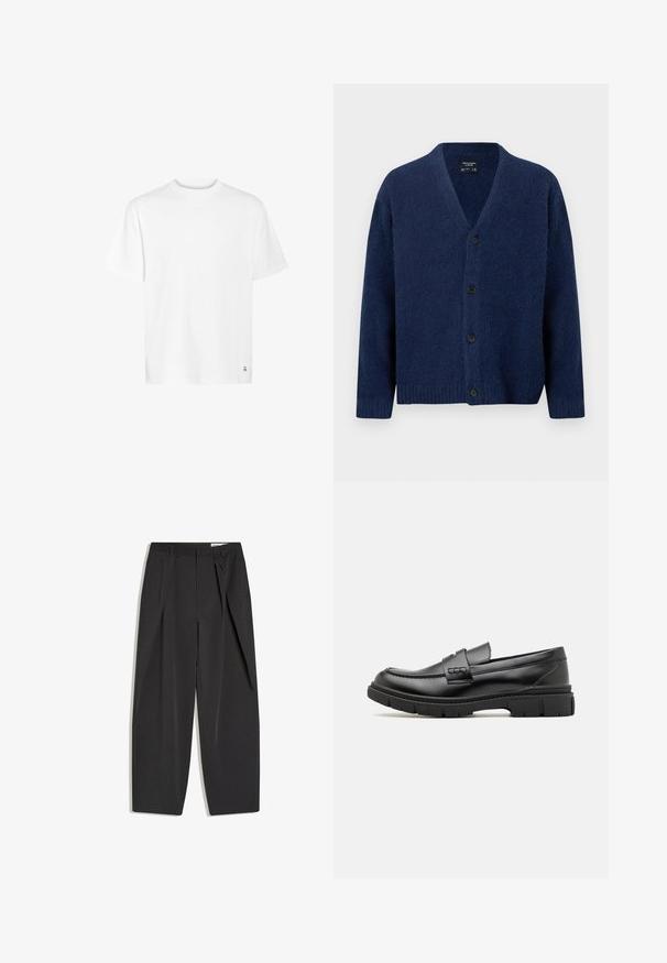 Marineblå uldcardigan med V-hals, lange ærmer, ribstrikkede manchetter og kant samt fire sorte knapper foran.; Hvid bomulds t-shirt med rund halsudskæring, korte ærmer og lige kant. Har et lille logo detaljeret i nederste hjørne.; Sorte sorte bukser med høj talje, skræddersyede med læg, bæltestropper og lige ben, vist fladt på en hvid baggrund.; Sort læder loafersko med en bred rem over forfoden, gummisål med tykke mønstre og glat overflade. Klassisk, slankt design.