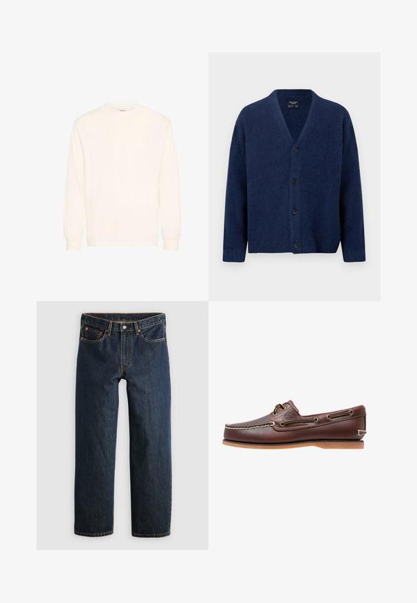 Cárdigan de lana azul marino con escote en V, mangas largas, puños y dobladillo acanalados, y cuatro botones negros en la parte delantera.; Camisa de manga larga en algodón blanco roto con cuello redondo y puños elásticos, que presenta un diseño minimalista y una textura suave.; Vaqueros de mezclilla azul oscuro con corte recto. Presentan cinco bolsillos, costuras en contraste y cierre de botón en la cintura.; Zapato náutico de cuero marrón con costuras blancas, detalles de cordones y suela de goma color coñac, mostrado de lado sobre un fondo blanco.