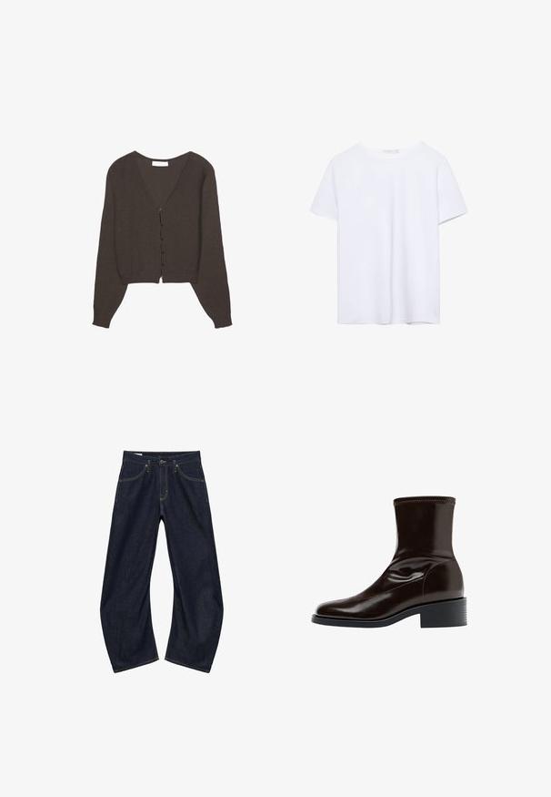 Cardigan en maille marron avec un décolleté en V et des manches longues. Fermeture devant par boutons contrastants. Coupe courte et poignets côtelés.; T-shirt blanc uni à manches courtes et col rond avec ourlet droit, présenté sur un fond blanc.; Jeans en denim bleu foncé à jambes larges avec poches avant, passants pour ceinture et fermeture par bouton, présenté à plat sur fond blanc.; Bottine en cuir marron foncé avec bout carré, petit talon bloc et détail surpiqué autour du bord supérieur, vue de profil.