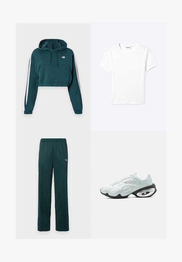 Sudadera corta con cremallera en color verde azulado, con franjas blancas laterales, puños elásticos, bolsillos frontales, capucha con cordón y pequeño logo blanco de New Balance en el pecho.; Camiseta blanca lisa de manga corta con cuello redondo y una pequeña etiqueta "WEEKDAY" dentro del cuello, mostrada extendida sobre un fondo claro.; Pantalones de chándal verde oscuro hechos de una tela suave, con una cintura elástica y costuras laterales, y un pequeño logo en la parte delantera.; Zapatilla Nike blanca y gris claro con parte superior texturizada, suela negra y amortiguación visible de aire en el talón, mostrada de perfil.