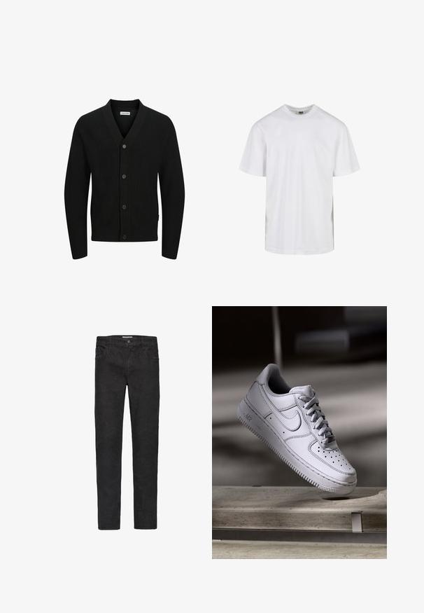 Sorte strikkede cardigan med V-udskæring, der har fem knapper, ribbet tekstur og lange ærmer. Lavet af blødt stof for komfort.; Plain hvid T-shirt med korte ærmer og rund hals med løs pasform, vist mod en hvid baggrund.; Sorte denim jeans med lige ben. Funktioner inkluderer fem lommer, knaplukning og diskrete syninger langs sømmene.; Hvid læder Nike Air Force 1 sneaker med perforeret tå, flade snørebånd og tekstureret gummisål med "AIR" branding på siden.