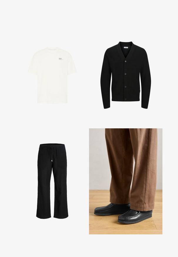 Cardigan en tricot noir avec col en V, comportant cinq boutons, texture côtelée et manches longues. Fabriqué en tissu doux pour le confort.; T-shirt blanc à manches courtes en coton. Il présente un col rond et un petit texte imprimé en noir près de la poitrine, avec une coupe droite.; Pantalon large noir avec taille élastique et cordon, fabriqué en tissu léger texturé.; Chaussures en cuir noir au design mocassin avec des détails de couture, accompagnées de pantalons bruns, sur un sol en bois.