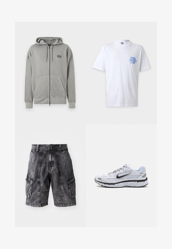 Sweat à capuche zippé gris clair avec poches frontales, capuche à cordon de serrage, et petit logo noir Converse CONS sur la poitrine gauche.; T-shirt blanc à manches courtes avec petit logo bleu Dickies et texte sur la poitrine gauche, présenté sur un fond uni.; Shorts cargo en denim noir avec une texture délavée, deux poches latérales et une fermeture à bouton. Longueur genoux avec des coutures renforcées.; Baskets de course blanches avec une tige en mesh, bout arrondi, accents noirs et semelle à motif. Comprend des lacets et une marque sur le côté.