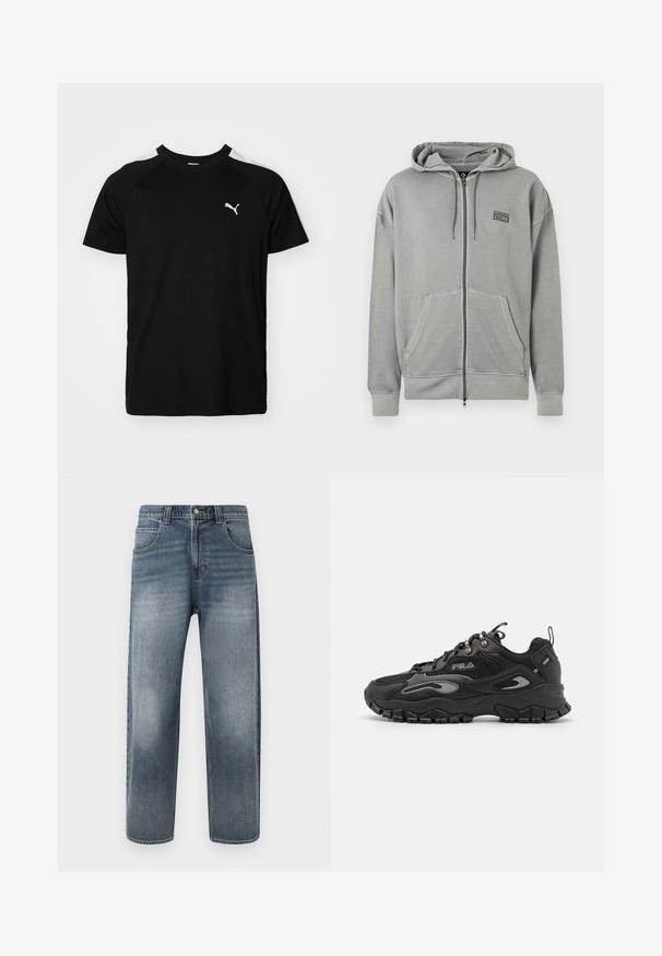 Lysegrå hættetrøje med lynlås, forlommer, snor i hætten og lille sort Converse CONS-logo på venstre bryst.; Sort kortærmet t-shirt med hvide accentstriber på skuldrene, rund halsudskæring og lille hvidt logo på venstre bryst. Blødt stof, klassisk pasform.; Lyseblå denimjeans med lige pasform, der har fem lommer, lynlås og diskret falmning på benene. Afsluttet med syningsdetaljer.; Sort sneaker med en overdel i mesh og syntetisk materiale, gummisål, afrundet tå og refleksdetaljer på siderne og snørebåndene.