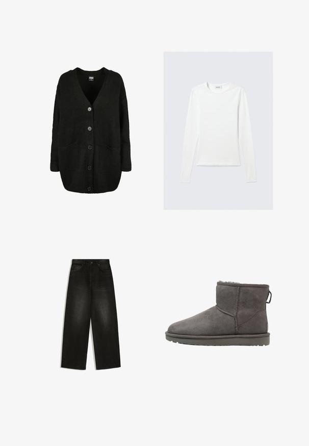 Zwarte oversized gebreide cardigan met V-hals, vijf knopen aan de voorkant, twee steekzakken aan de voorkant en lange mouwen.; Effen wit shirt met lange mouwen en ronde hals, slim fit, afgebeeld tegen een lichtgrijze achtergrond.; Zwarte jeans met hoge taille en wijde pijpen, met voorzakken, riemlussen en een knoopsluiting, plat liggend op een witte achtergrond.; Grijze suede enkellaars met een ronde neus, een voering van schapenvacht en een platte rubberen zool. Kenmerkt zich door een logo-tag en gestikte naden.