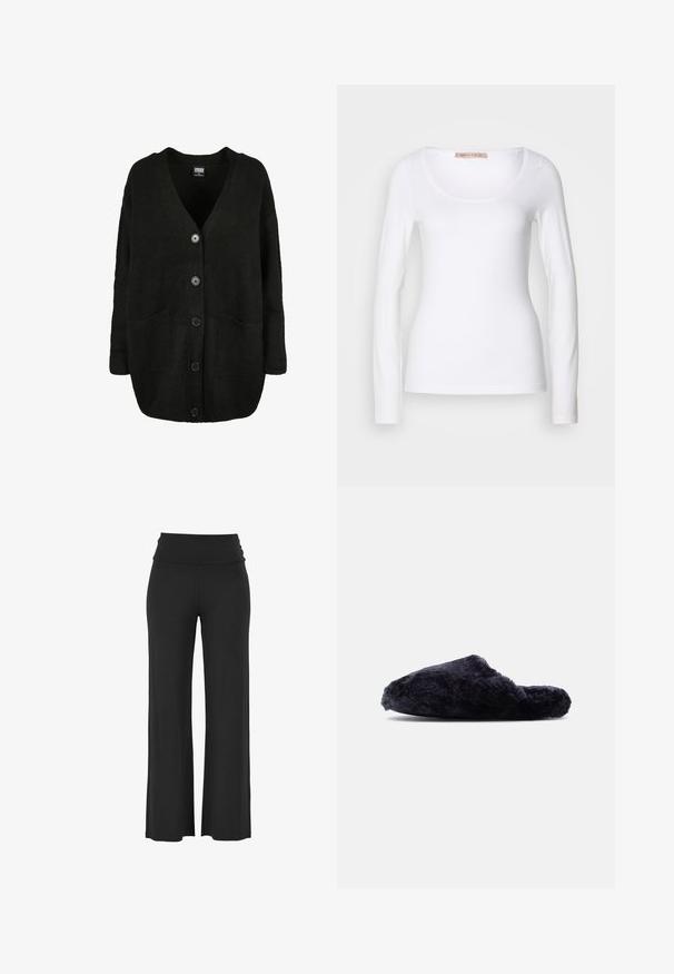 Sort oversized strikket cardigan med V-hals, fem knapper foran, to forlommer og lange ærmer.; Langærmet hvid bomulds T-shirt med rund halsudskæring og tætsiddende design, med glat tekstur og uden udsmykninger.; Sorte, brede bukser med et højt, draperet talje bånd lavet af et blødt, strækbart materiale, der har glatte, jævne syninger og ingen synlige mønstre.; Sort, behåret slip-on tøffel med lukket tå og åben hæl, blødt tekstureret stof, vist i sideprofil på hvid baggrund.