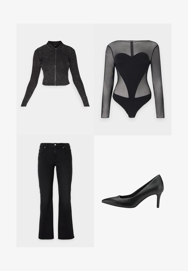 ONLY ONLLEX ZIPPER CARDIGAN - Sweatjakke - black detail/washed; Sort langærmet bodystocking med gennemsigtige mesh-ærmer og øverste brystparti, med en solid hjerteformet panel på torsoen.; Sort højtaljede jeans med frontknap og lynlås, to forlommer og to baglommer samt let svajede ben.; Sort læder højhælet sko med spidse tå, der har et udskæringsdesign og en slank stiletto hæl. Glat tekstur og strømlinet silhuet.