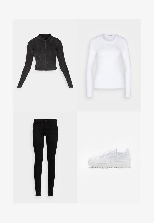ONLY ONLLEX ZIPPER CARDIGAN - Mikina so zipsom - black detail/washed; Selected SLFDIANNA O NECK - Top s dlhým rukávom - bright white; Pepe Jeans SOHO - Džínsy skinny fit - black; Biele platformové tenisky s hladkou koženou textúrou, perforovanými detailami a plochými šnúrkami; majú hrubú bielu gumovú podrážku.