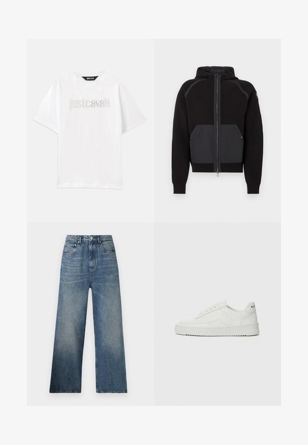 Sudadera negra con capucha, que presenta un panel frontal mate en contraste negro, cierre con cremallera y bolsillos laterales con botones de presión.; Camiseta de algodón blanca con mangas cortas y un corte relajado. Presenta "Just Cavalli" bordado en plata en el pecho.; Jeans de mezclilla azul de pierna ancha con cintura alta, que presentan un desgaste sutil, cinco bolsillos y un cierre de botón metálico en la parte delantera.; Zapatilla de cuero blanca con un acabado suave, puntera redonda, cordones planos y suela texturizada. Cuenta con un sutil logo en el talón.