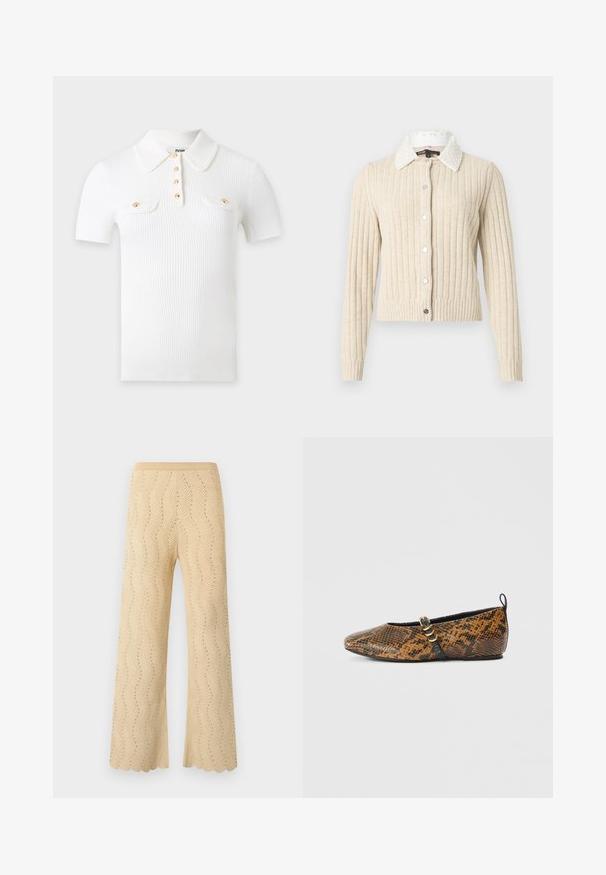 Cardigan beige côtelé à manches longues, col blanc orné de perles, et fermeture boutonnée sur l'avant, sur un fond clair uni.; Polo blanc en tissu côtelé à manches courtes, avec un col pointu, quatre boutons dorés sur le devant et deux poches poitrine avec rabats à boutons dorés.; Pantalon en maille beige à jambes larges, présentant un motif chevrons avec de petits trous et un ourlet festonné.; Ballerine en simili motif peau de serpent avec des nuances de brun et de noir. Dotée d'une bride noire et d’un détail en métal doré. Texture lisse.