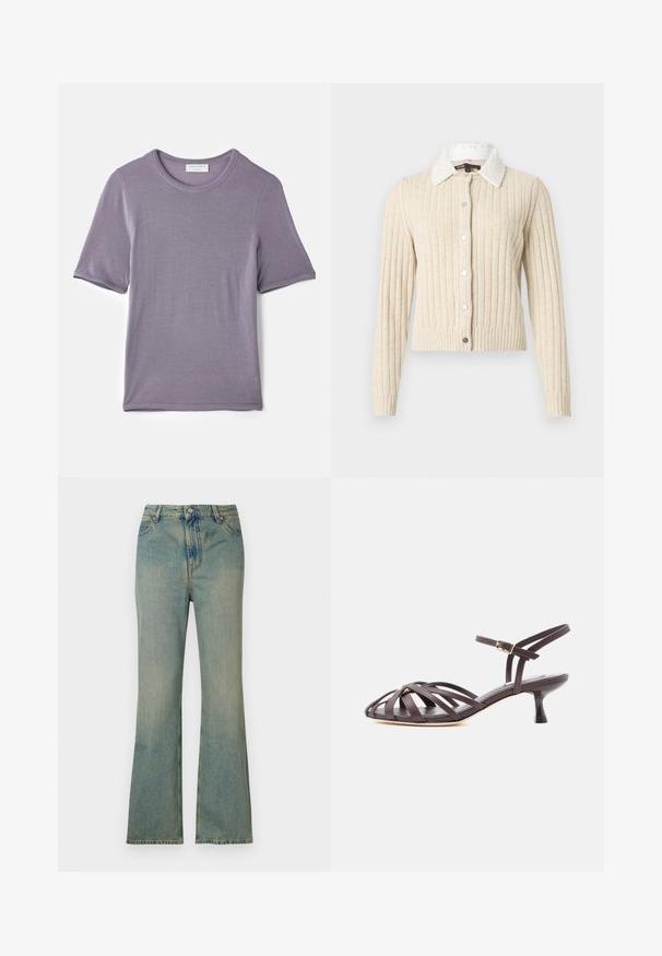Beige ribstrikket cardigan med lange ærmer, hvid krave med perlebesætning og knaplukning foran mod en ensartet lys baggrund.; Lilla kortærmet t-shirt lavet af blødt stof, med en rund hals og en lige kant, med en glat tekstur og uden synlige mønstre.; Lysblå denim flare jeans med høj talje, fem lommer og lynlås. Ren, falmet finish med subtile syninger.; Mørkebrun læder sandal med smalle remme, kitten heel og justerbar ankelrem med spænde på hvid baggrund.