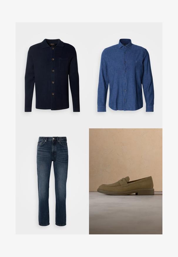 Dunkelblaues Button-up-Hemd aus strukturiertem Stoff, mit Kragen, Brusttasche und braunen Knöpfen.; Blaues Langarmhemd aus strukturiertem Stoff, mit traditionellem Kragen, Knopfleiste und dezenter Logo-Stickerei auf der Brust.; Dunkelblaue Jeans aus Denim mit geradem Bein, ausgestattet mit fünf Taschen, einem Knopf- und Reißverschluss sowie dezenten Ausbleichungen.; Brauner Wildleder-Slipper schwebt über einem strukturierten beigen Teppich in einem Wohnzimmer mit einem Holz-Couchtisch und gestapelten Büchern.
