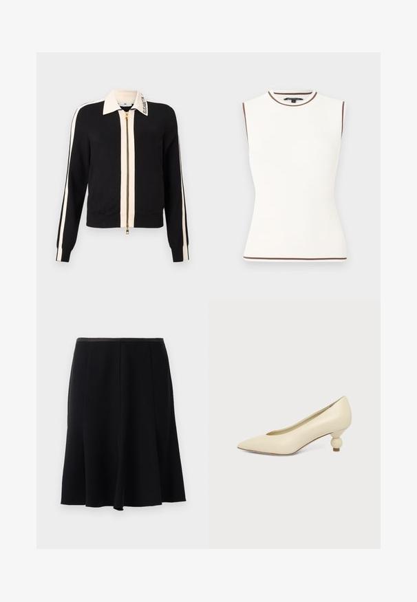 Pull noir zippé avec des rayures ivoire et un col assorti. Dispose de poignets côtelés, d'une fermeture éclair dorée, et d'un logo sur le col. Texture de tissu lisse.; Haut blanc sans manches à côtes avec bordure marron sur l'encolure, les emmanchures et l'ourlet, présenté sur un fond uni.; Jupe noire en A avec une texture lisse, dotée d'une taille et d'un design plissé pour un mouvement fluide. Pas d'accents ou de motifs visibles.; Chaussure femme couleur crème à bout pointu avec un petit talon rond en forme de boule, sur fond uni.