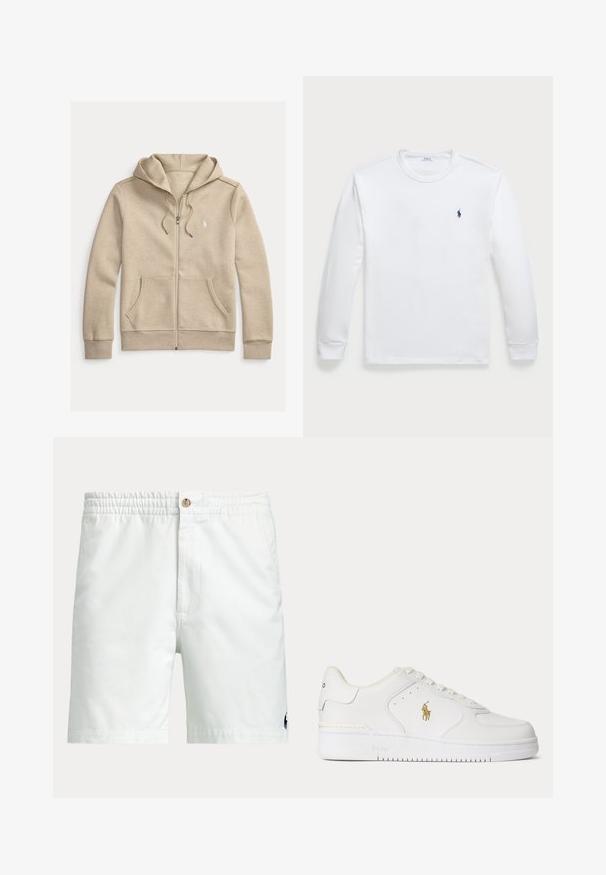 Sudadera beige con cremallera, cordones, bolsillos delanteros, puños acanalados y un pequeño logo blanco bordado en el pecho.; Camiseta de manga larga blanca hecha de algodón, con escote redondo y un pequeño logo azul marino en el lado izquierdo del pecho. Textura suave, diseño simple.; Pantalones cortos blancos para hombre con cinturilla elástica, cierre de botón, bolsillos laterales y pequeño logo oscuro cerca del dobladillo inferior en una pierna.; Zapatilla blanca de piel de corte bajo con cordones blancos y un logo dorado de Polo Ralph Lauren en el lateral y "Polo" grabado en la suela.