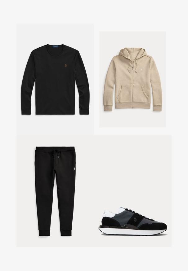 Beiger Kapuzenpullover mit Reißverschluss, Kordelzug, Fronttaschen, gerippten Bündchen und einem kleinen weißen gestickten Logo auf der Brust.; Schwarzes langärmeliges T-Shirt aus weicher Baumwolle, mit Rundhalsausschnitt und kleinem, farblich akzentuiertem gesticktem Logo auf der Brust.; Schwarze Jogginghose mit umgeschlagenen Bündchen, Tunnelzug in der Taille, Seitentaschen und kleinem weißen Polo-Spieler-Logo am rechten Oberschenkel.; Schwarz-weißer Sneaker in niedriger Ausführung mit Wildleder- und Leder-Paneelen, weißen Schnürsenkeln und einer dicken weißen Sohle mit schwarzem Rand.