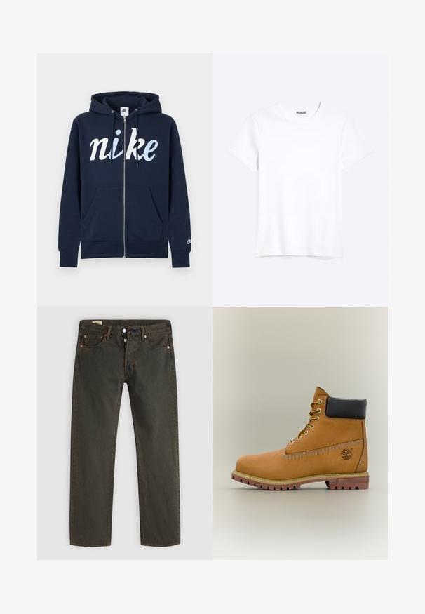 Marineblauwe zip-up hoodie van een katoenmix, met een groot wit "nike"-logo, voorzakken en een capuchon met trekkoord. Zachte textuur.; Effen witte T-shirt met korte mouwen en ronde hals met een zichtbaar WEEKDAY-merklabel bij de nek, weergegeven op een lichte achtergrond.; Donkergroene jeans gemaakt van denim, met een rechte pijp, vijf zakken, hardware in kopertint en een subtiel waspatroon.; Bruine leren enkellaars met zwarte kraag, gele veters en een zandkleurige zool. Voorzien van een logo en witte stikseldetails. Robuuste loopzool met grip.