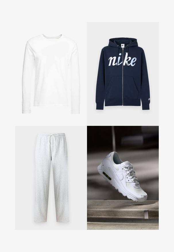 Marineblå lynlåshættetrøje lavet af en bomuldsblanding, med en stor hvid "nike"-logo, forlommer og snøre i hætten. Blød tekstur.; Langærmet hvid t-shirt lavet af blød bomuld. Rund halsudskæring med lige skårne kanter og ingen synlige mønstre eller grafikker.; Grå joggingbukser lavet af blødt stof med elastisk talje og snøre samt lige ben. Ingen mønstre eller detaljer synlige.; Hvide Nike Air Max 90 sneakers med en overdel i mesh og læder, perforeret tåboks og en synlig luftenhed i hælen.