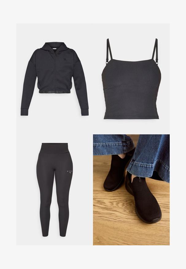 Sudadera corta con cremallera en una mezcla de algodón gris oscuro con acabado suave. Cuenta con capucha, dobladillo elástico y un pequeño logo en el pecho.; Camiseta de tirantes delgados en color negro con textura acanalada y diseño ajustado, que presenta una textura suave y un escote recto.; Leggings atléticos negros hechos de material elástico, con una cinturilla alta y un discreto detalle de logo en la pierna izquierda. Textura suave.; Zapatos negros sin cordones con parte superior de punto texturizado y abertura elástica. Tienen una forma de puntera redondeada y una suela baja con amortiguación, usados con un dobladillo de mezclilla.