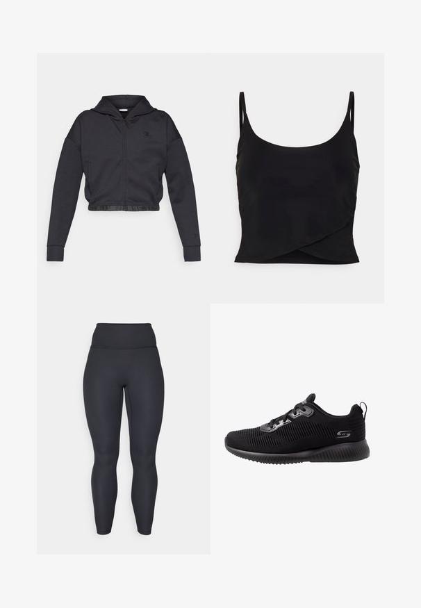 Kort lynlåshættejakke i mørkegråt bomuldsblanding med en glat finish. Har hætte, elastisk kant og et lille logo på brystet.; Even&Odd active Top - black; Høj taljede sorte ribbede leggings med en tætsiddende design, glat tekstur og fuldlængde pasform. Har en bred talje for støtte.; Sorte atletiske sko med en tekstureret strikket overdel, snørelukning, polstret krave og en yderst dæmpet gummisål med rillede detaljer.