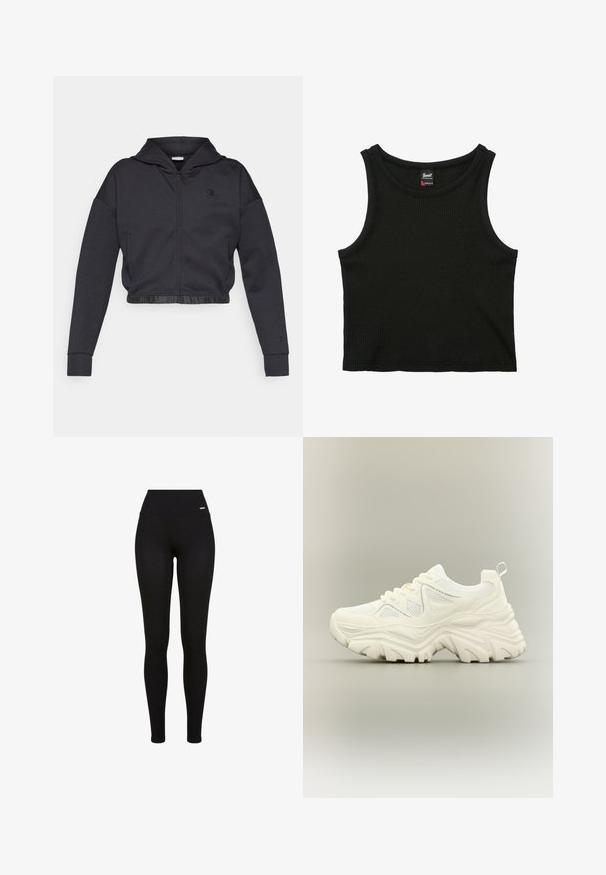 Sudadera corta con cremallera en una mezcla de algodón gris oscuro con acabado suave. Cuenta con capucha, dobladillo elástico y un pequeño logo en el pecho.; Top corto negro acanalado sin mangas con cuello redondo y pequeña etiqueta de marca dentro del cuello, talla pequeña.; Leggings negros con una cintura alta, tejido elástico, textura suave y un diseño ajustado, aptos para uso casual o deportivo.; Zapatilla blanca gruesa con suela gruesa y texturizada, paneles de malla, cierre de cordones en la parte delantera y tira en el talón sobre un fondo neutro.