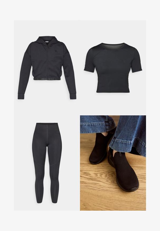 Sweat à capuche zippé court en mélange de coton gris foncé avec une finition lisse. Il est doté d'une capuche, d'un ourlet élastique et d'un petit logo sur la poitrine.; Crop top noir à manches courtes fabriqué en tissu lisse et extensible, avec un col rond et de subtiles détails de coutures au niveau des épaules.; Leggings noirs taille haute en tissu extensible, dotés de coutures flatlock et d'une coupe ajustée, idéaux pour une utilisation en vêtements de sport.; Chaussures noires à enfiler avec un dessus en tricot texturé et une ouverture élastique. Forme de bout arrondi et semelle rembourrée à profil bas, portées avec un ourlet en denim.