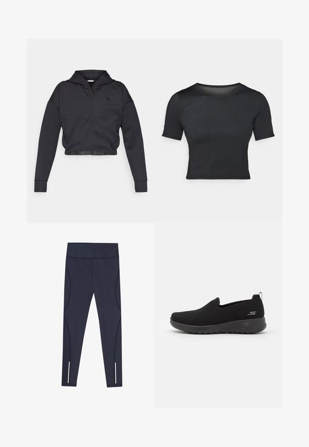 Krátka mikina na zips v tmavosivej bavlnenej zmesi s hladkým povrchom. Má kapucňu, elastický lem a malé logo na hrudi.; Čierny krátky rukáv crop top vyrobený z hladkej, elastickej látky s okrúhlym výstrihom a jemnými švovými detailami na pleciach.; Námornícke modré legíny vyrobené z elastickej tkaniny, s vysokým pásom a zakrivenými bočnými švami, s reflexnými prvkami na okrajoch členkov.; Čierne nazúvacie topánky vyrobené z priedušného sieťového materiálu, s texturovaným zvrškom, polstrovanou podrážkou a malým logom po boku.