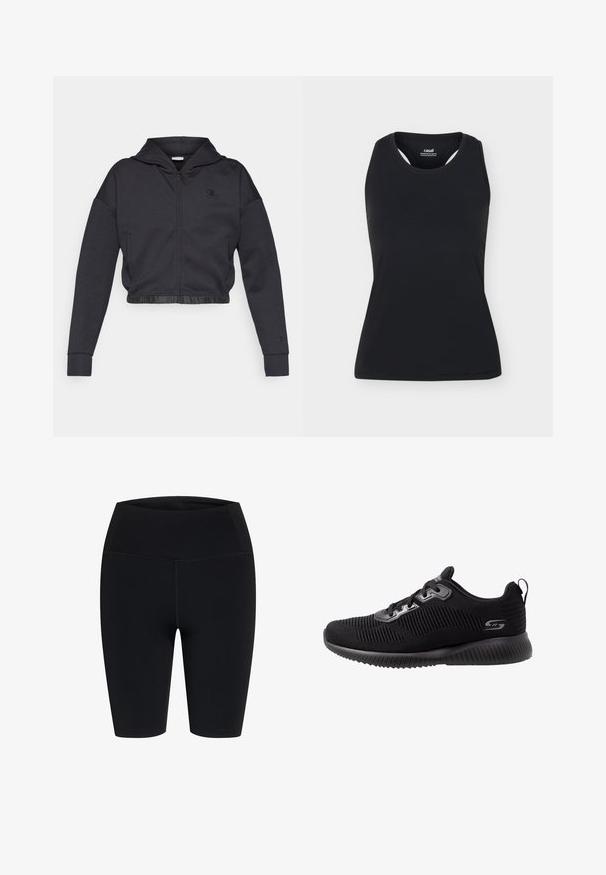 Krátka mikina na zips v tmavosivej bavlnenej zmesi s hladkým povrchom. Má kapucňu, elastický lem a malé logo na hrudi.; Čierne športové tielko bez rukávov s okrúhlym výstrihom a zadným dizajnom racerback, zobrazené na jednoduchom svetlom pozadí.; Vysoký pás, čierne, elastické kraťasy po kolená s plochými švami, určené na športové alebo bežné nosenie.; Čierne športové topánky s textúrovaným pleteným zvrškom, šnurovací dizajn, polstrovaný golier a odpružená gumová podrážka s ryhovaným detailom.