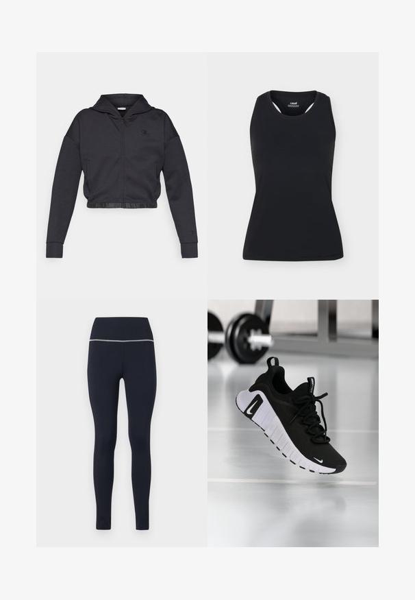 Kurz geschnittener Kapuzenpullover mit Reißverschluss aus dunkelgrauem Baumwollmischgewebe mit glattem Finish. Mit Kapuze, elastischem Saum und kleinem Logo auf der Brust.; Schwarzes ärmelloses Sporttanktop mit rundem Ausschnitt und Racerback-Design, auf schlichtem, hellem Hintergrund dargestellt.; Marineblaue enganliegende Leggings aus dehnbarem Stoff, mit einem breiten Bund, der oben mit einem reflektierenden Besatz versehen ist, um die Sichtbarkeit zu erhöhen.; Schwarzer Sportschuh mit strukturiertem Stoffobermaterial, weißer Sohle und auffälligem Schnürsystem. Verfügt über ein Nike-Logo und ein weiches, gepolstertes Design.