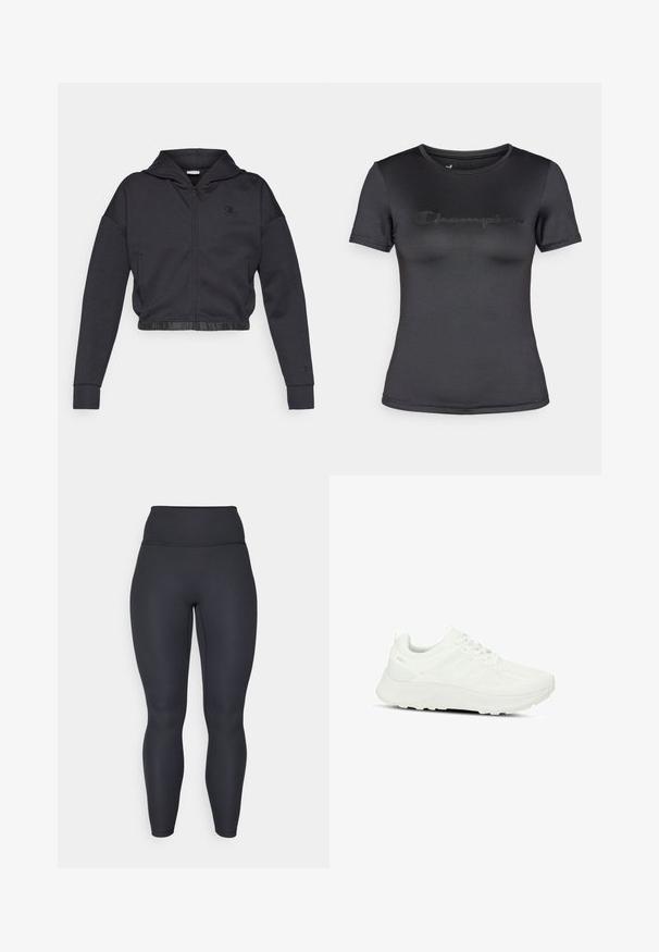 Kort lynlåshættejakke i mørkegråt bomuldsblanding med en glat finish. Har hætte, elastisk kant og et lille logo på brystet.; Sort T-shirt med korte ærmer lavet af glat stof, med et diskret præget "Champion"-logo over brystet og rund halsudskæring.; Høj taljede sorte ribbede leggings med en tætsiddende design, glat tekstur og fuldlængde pasform. Har en bred talje for støtte.; Hvide atletiske sko med en tekstureret overdel og mesh-paneler, snørebåndsdesign, polstret sål og diskret logo på hælen.