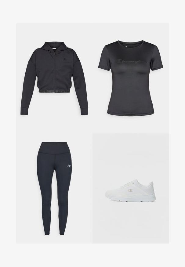 Sudadera corta con cremallera en una mezcla de algodón gris oscuro con acabado suave. Cuenta con capucha, dobladillo elástico y un pequeño logo en el pecho.; Camiseta negra de manga corta hecha de tela suave, con un sutil logo en relieve de "Champion" en el pecho, y cuello redondo.; Leggings negros de talle alto hechos de material elástico, con un diseño elegante y un pequeño logo reflectante en el muslo.; Zapatillas deportivas blancas con parte superior de malla texturizada, cuello acolchado y logo en contraste en el costado. Cuenta con una suela de goma ligera.