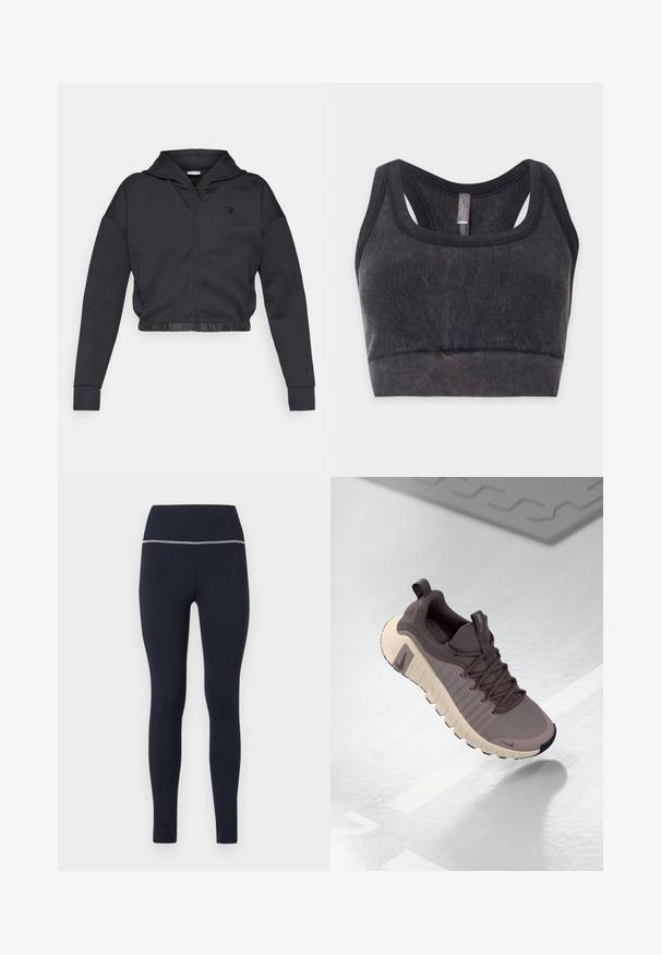 Kurz geschnittener Kapuzenpullover mit Reißverschluss aus dunkelgrauem Baumwollmischgewebe mit glattem Finish. Mit Kapuze, elastischem Saum und kleinem Logo auf der Brust.; Schwarzer, gerippter Sport-BH aus Stoff mit breiten Schultergurten und Racerback-Design, flach auf einem hellen Hintergrund ausgelegt.; Marineblaue enganliegende Leggings aus dehnbarem Stoff, mit einem breiten Bund, der oben mit einem reflektierenden Besatz versehen ist, um die Sichtbarkeit zu erhöhen.; Nike Free Sneaker in Grau und Beige, mit einem strukturierten Obermaterial, flexibler Sohle, Schnürsystem und Zuglasche an der Ferse für ein einfaches Anziehen.