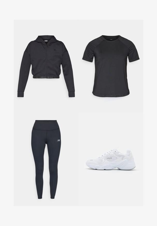 Sweat à capuche zippé court en mélange de coton gris foncé avec une finition lisse. Il est doté d'une capuche, d'un ourlet élastique et d'un petit logo sur la poitrine.; T-shirt de sport noir à manches courtes avec des manches raglan, texture lisse et col rond. Présente des coutures cousues et une coupe décontractée.; Leggings noires taille haute en matériau extensible, avec un design épuré et un petit logo réfléchissant sur la cuisse.; Baskets blanches avec une tige en mesh texturé, un col rembourré et une semelle épaisse. Présente un logo sur le côté et un système de laçage.