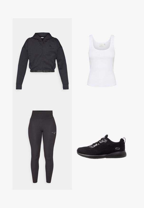 Krátka mikina na zips v tmavosivej bavlnenej zmesi s hladkým povrchom. Má kapucňu, elastický lem a malé logo na hrudi.; Biely bezrukávový top vyrobený z rebrovaného materiálu. Má okrúhly výstrih a jemné logo v strede. Jednoduchý, priliehavý dizajn.; Čierne športové legíny vyrobené z elastického materiálu, s vysokým pásom a decentným logom na ľavej nohe. Hladká textúra.; Čierne športové topánky s textúrovaným pleteným zvrškom, šnurovací dizajn, polstrovaný golier a odpružená gumová podrážka s ryhovaným detailom.